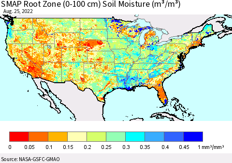 United States SMAP Root Zone (0-100 cm) Soil Moisture (m³/m³) Thematic Map For 8/21/2022 - 8/25/2022