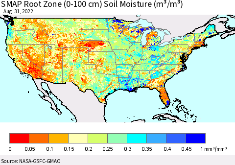 United States SMAP Root Zone (0-100 cm) Soil Moisture (m³/m³) Thematic Map For 8/26/2022 - 8/31/2022
