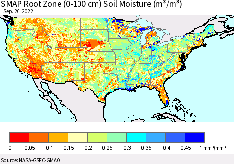 United States SMAP Root Zone (0-100 cm) Soil Moisture (m³/m³) Thematic Map For 9/16/2022 - 9/20/2022