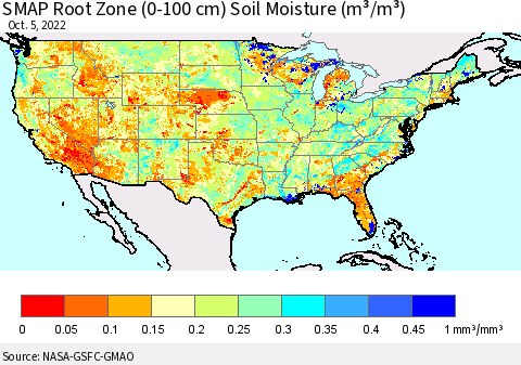 United States SMAP Root Zone (0-100 cm) Soil Moisture (m³/m³) Thematic Map For 10/1/2022 - 10/5/2022