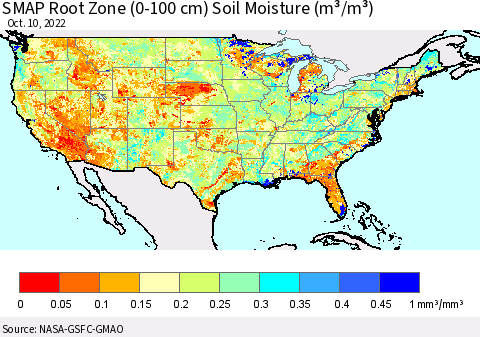United States SMAP Root Zone (0-100 cm) Soil Moisture (m³/m³) Thematic Map For 10/6/2022 - 10/10/2022