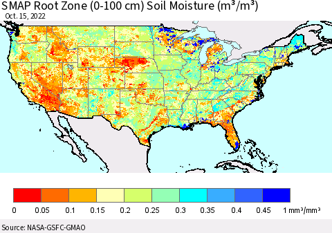 United States SMAP Root Zone (0-100 cm) Soil Moisture (m³/m³) Thematic Map For 10/11/2022 - 10/15/2022