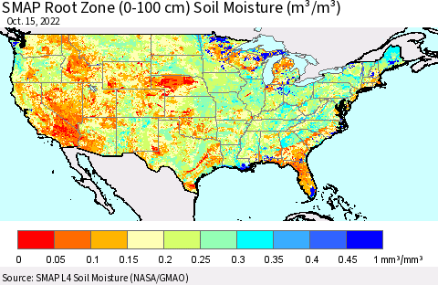 United States SMAP Root Zone (0-100 cm) Soil Moisture (m³/m³) Thematic Map For 10/11/2022 - 10/15/2022