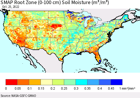 United States SMAP Root Zone (0-100 cm) Soil Moisture (m³/m³) Thematic Map For 10/21/2022 - 10/25/2022