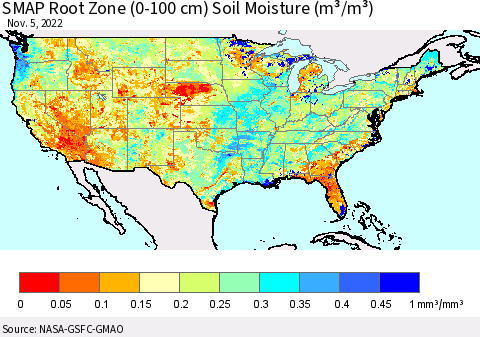 United States SMAP Root Zone (0-100 cm) Soil Moisture (m³/m³) Thematic Map For 11/1/2022 - 11/5/2022