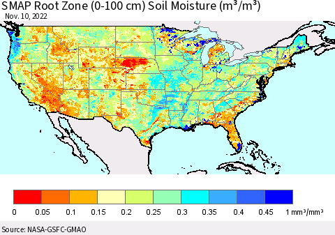 United States SMAP Root Zone (0-100 cm) Soil Moisture (m³/m³) Thematic Map For 11/6/2022 - 11/10/2022