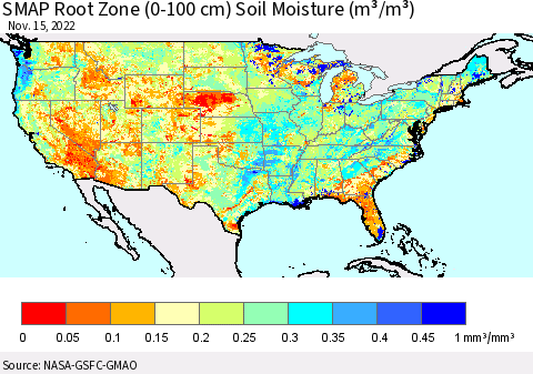 United States SMAP Root Zone (0-100 cm) Soil Moisture (m³/m³) Thematic Map For 11/11/2022 - 11/15/2022