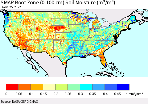 United States SMAP Root Zone (0-100 cm) Soil Moisture (m³/m³) Thematic Map For 11/21/2022 - 11/25/2022