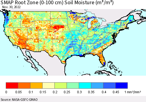 United States SMAP Root Zone (0-100 cm) Soil Moisture (m³/m³) Thematic Map For 11/26/2022 - 11/30/2022
