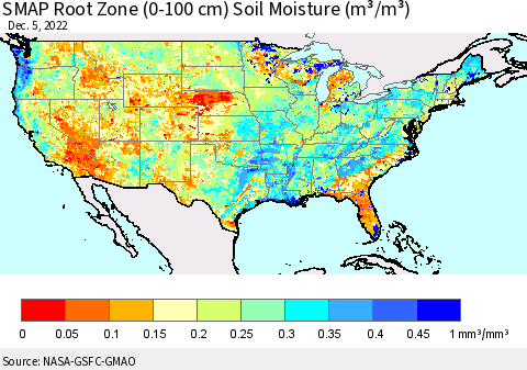 United States SMAP Root Zone (0-100 cm) Soil Moisture (m³/m³) Thematic Map For 12/1/2022 - 12/5/2022