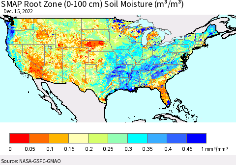 United States SMAP Root Zone (0-100 cm) Soil Moisture (m³/m³) Thematic Map For 12/11/2022 - 12/15/2022