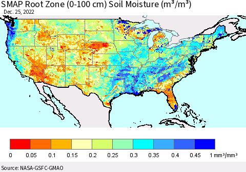 United States SMAP Root Zone (0-100 cm) Soil Moisture (m³/m³) Thematic Map For 12/21/2022 - 12/25/2022