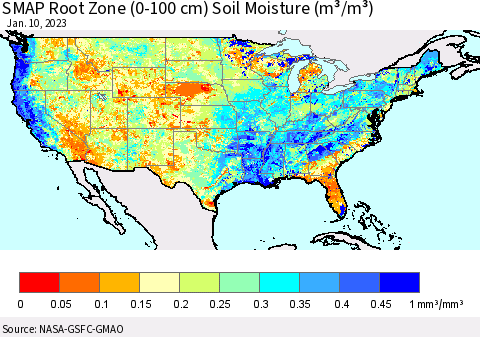 United States SMAP Root Zone (0-100 cm) Soil Moisture (m³/m³) Thematic Map For 1/6/2023 - 1/10/2023