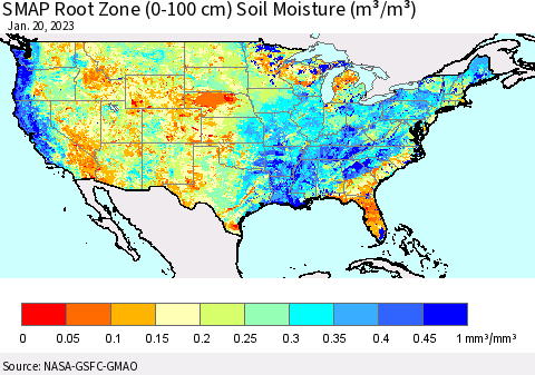 United States SMAP Root Zone (0-100 cm) Soil Moisture (m³/m³) Thematic Map For 1/16/2023 - 1/20/2023