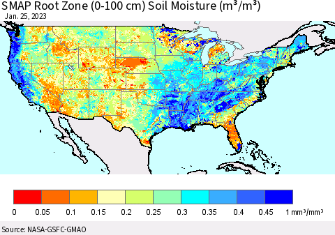 United States SMAP Root Zone (0-100 cm) Soil Moisture (m³/m³) Thematic Map For 1/21/2023 - 1/25/2023