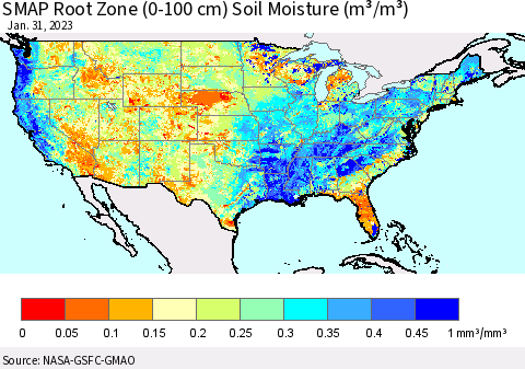 United States SMAP Root Zone (0-100 cm) Soil Moisture (m³/m³) Thematic Map For 1/26/2023 - 1/31/2023