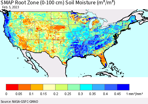 United States SMAP Root Zone (0-100 cm) Soil Moisture (m³/m³) Thematic Map For 2/1/2023 - 2/5/2023