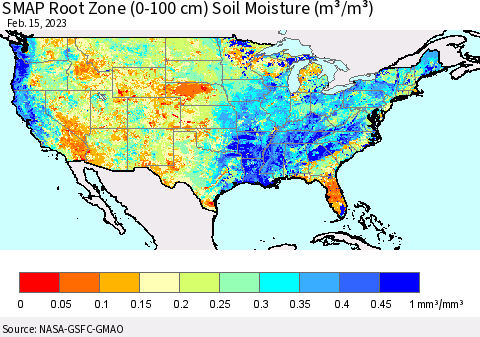 United States SMAP Root Zone (0-100 cm) Soil Moisture (m³/m³) Thematic Map For 2/11/2023 - 2/15/2023