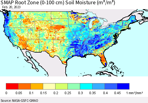 United States SMAP Root Zone (0-100 cm) Soil Moisture (m³/m³) Thematic Map For 2/16/2023 - 2/20/2023