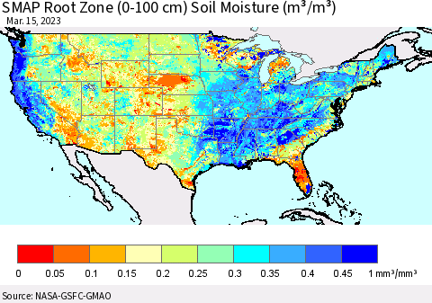 United States SMAP Root Zone (0-100 cm) Soil Moisture (m³/m³) Thematic Map For 3/11/2023 - 3/15/2023