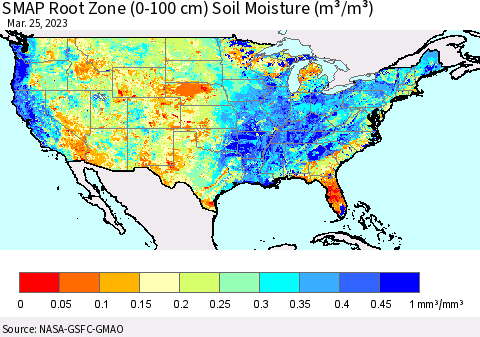 United States SMAP Root Zone (0-100 cm) Soil Moisture (m³/m³) Thematic Map For 3/21/2023 - 3/25/2023