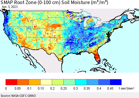 United States SMAP Root Zone (0-100 cm) Soil Moisture (m³/m³) Thematic Map For 4/1/2023 - 4/5/2023