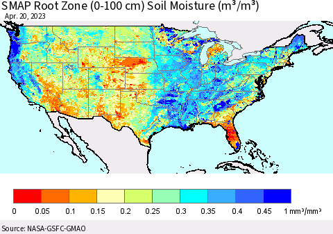 United States SMAP Root Zone (0-100 cm) Soil Moisture (m³/m³) Thematic Map For 4/16/2023 - 4/20/2023