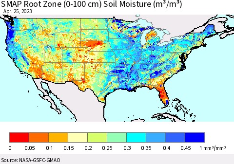 United States SMAP Root Zone (0-100 cm) Soil Moisture (m³/m³) Thematic Map For 4/21/2023 - 4/25/2023