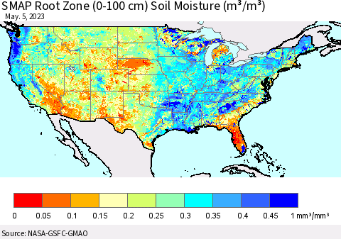 United States SMAP Root Zone (0-100 cm) Soil Moisture (m³/m³) Thematic Map For 5/1/2023 - 5/5/2023