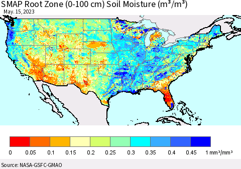 United States SMAP Root Zone (0-100 cm) Soil Moisture (m³/m³) Thematic Map For 5/11/2023 - 5/15/2023