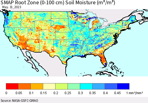United States SMAP Root Zone (0-100 cm) Soil Moisture (m³/m³) Thematic Map For 5/26/2023 - 5/31/2023