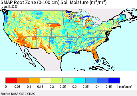 United States SMAP Root Zone (0-100 cm) Soil Moisture (m³/m³) Thematic Map For 6/1/2023 - 6/5/2023