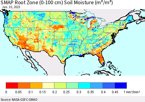 United States SMAP Root Zone (0-100 cm) Soil Moisture (m³/m³) Thematic Map For 6/6/2023 - 6/10/2023