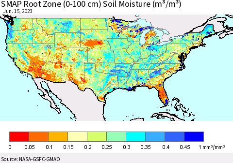 United States SMAP Root Zone (0-100 cm) Soil Moisture (m³/m³) Thematic Map For 6/11/2023 - 6/15/2023