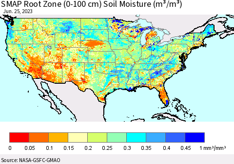 United States SMAP Root Zone (0-100 cm) Soil Moisture (m³/m³) Thematic Map For 6/21/2023 - 6/25/2023