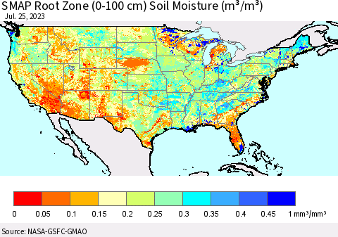 United States SMAP Root Zone (0-100 cm) Soil Moisture (m³/m³) Thematic Map For 7/21/2023 - 7/25/2023