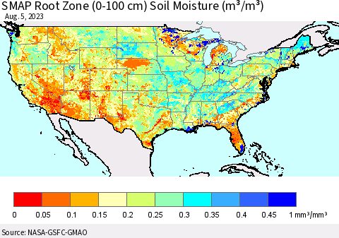 United States SMAP Root Zone (0-100 cm) Soil Moisture (m³/m³) Thematic Map For 8/1/2023 - 8/5/2023
