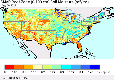 United States SMAP Root Zone (0-100 cm) Soil Moisture (m³/m³) Thematic Map For 8/16/2023 - 8/20/2023