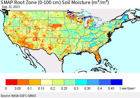 United States SMAP Root Zone (0-100 cm) Soil Moisture (m³/m³) Thematic Map For 8/26/2023 - 8/31/2023