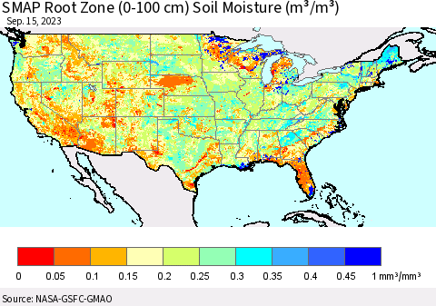 United States SMAP Root Zone (0-100 cm) Soil Moisture (m³/m³) Thematic Map For 9/11/2023 - 9/15/2023