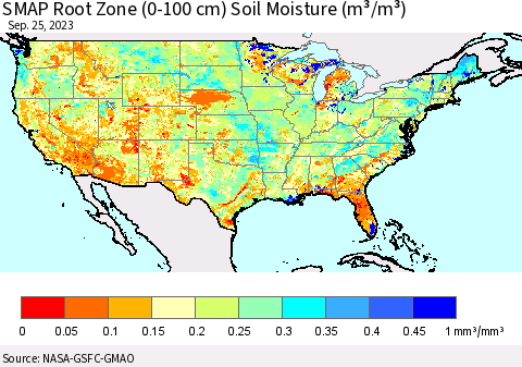 United States SMAP Root Zone (0-100 cm) Soil Moisture (m³/m³) Thematic Map For 9/21/2023 - 9/25/2023