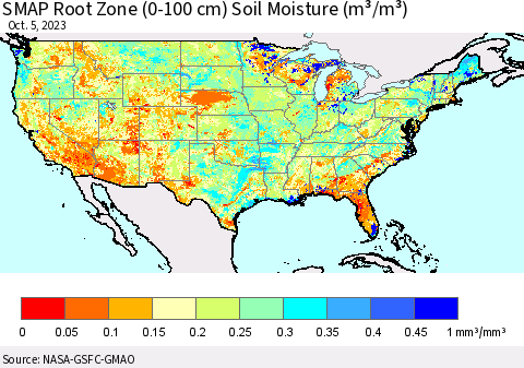 United States SMAP Root Zone (0-100 cm) Soil Moisture (m³/m³) Thematic Map For 10/1/2023 - 10/5/2023