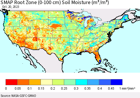 United States SMAP Root Zone (0-100 cm) Soil Moisture (m³/m³) Thematic Map For 10/16/2023 - 10/20/2023