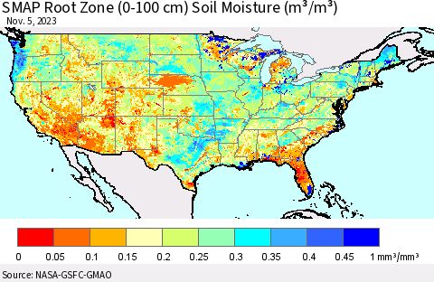United States SMAP Root Zone (0-100 cm) Soil Moisture (m³/m³) Thematic Map For 11/1/2023 - 11/5/2023