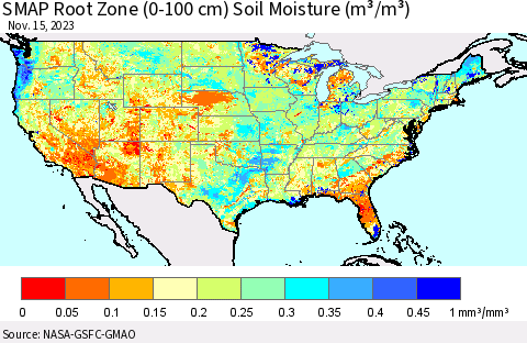 United States SMAP Root Zone (0-100 cm) Soil Moisture (m³/m³) Thematic Map For 11/11/2023 - 11/15/2023