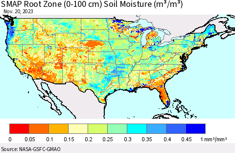 United States SMAP Root Zone (0-100 cm) Soil Moisture (m³/m³) Thematic Map For 11/16/2023 - 11/20/2023