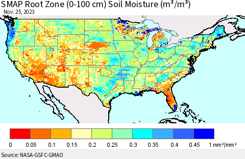 United States SMAP Root Zone (0-100 cm) Soil Moisture (m³/m³) Thematic Map For 11/21/2023 - 11/25/2023