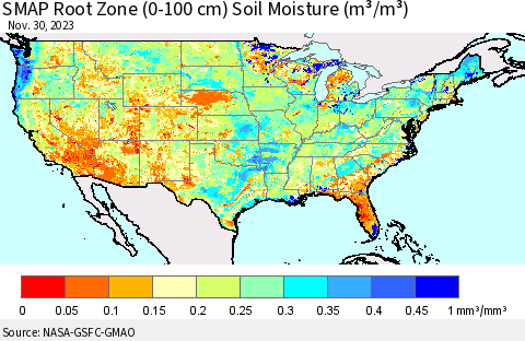 United States SMAP Root Zone (0-100 cm) Soil Moisture (m³/m³) Thematic Map For 11/26/2023 - 11/30/2023