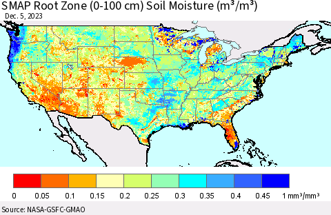 United States SMAP Root Zone (0-100 cm) Soil Moisture (m³/m³) Thematic Map For 12/1/2023 - 12/5/2023