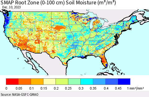 United States SMAP Root Zone (0-100 cm) Soil Moisture (m³/m³) Thematic Map For 12/6/2023 - 12/10/2023